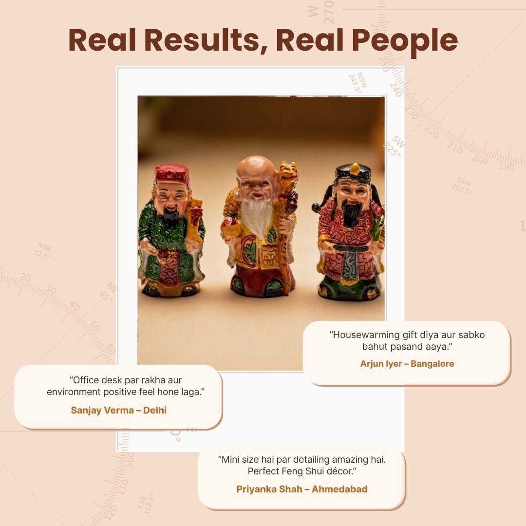 Feng Shui Fuk Luk Sau Trinity of Deities for Health, Wealth & Happiness (2 inch, Miniature, Home Decor Showpiece) - plusvalueindia