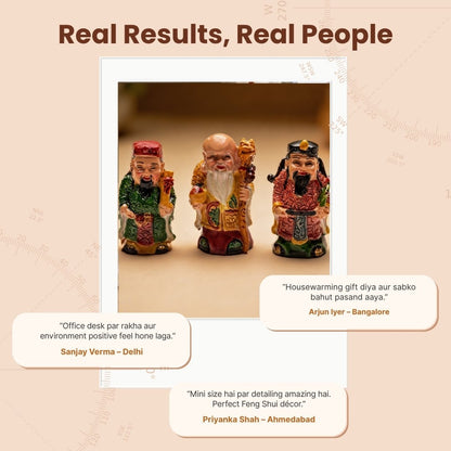 Feng Shui Fuk Luk Sau Trinity of Deities for Health, Wealth & Happiness (2 inch, Miniature, Home Decor Showpiece) - plusvalueindia