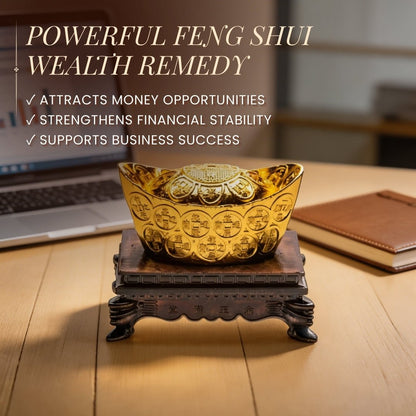Feng Shui Golden Ingot with Stand Wealth Symbol - plusvalueindia