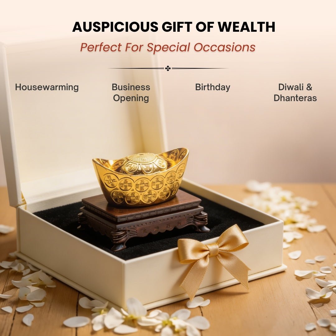 Feng Shui Golden Ingot with Stand Wealth Symbol - plusvalueindia