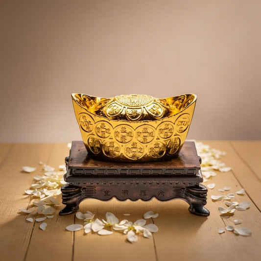 Feng Shui Golden Ingot with Stand Wealth Symbol - plusvalueindia