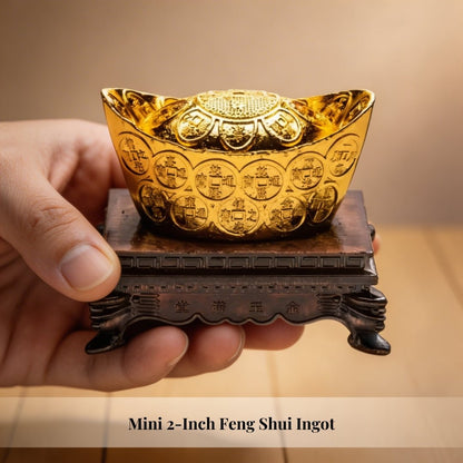 Feng Shui Golden Ingot with Stand Wealth Symbol - plusvalueindia
