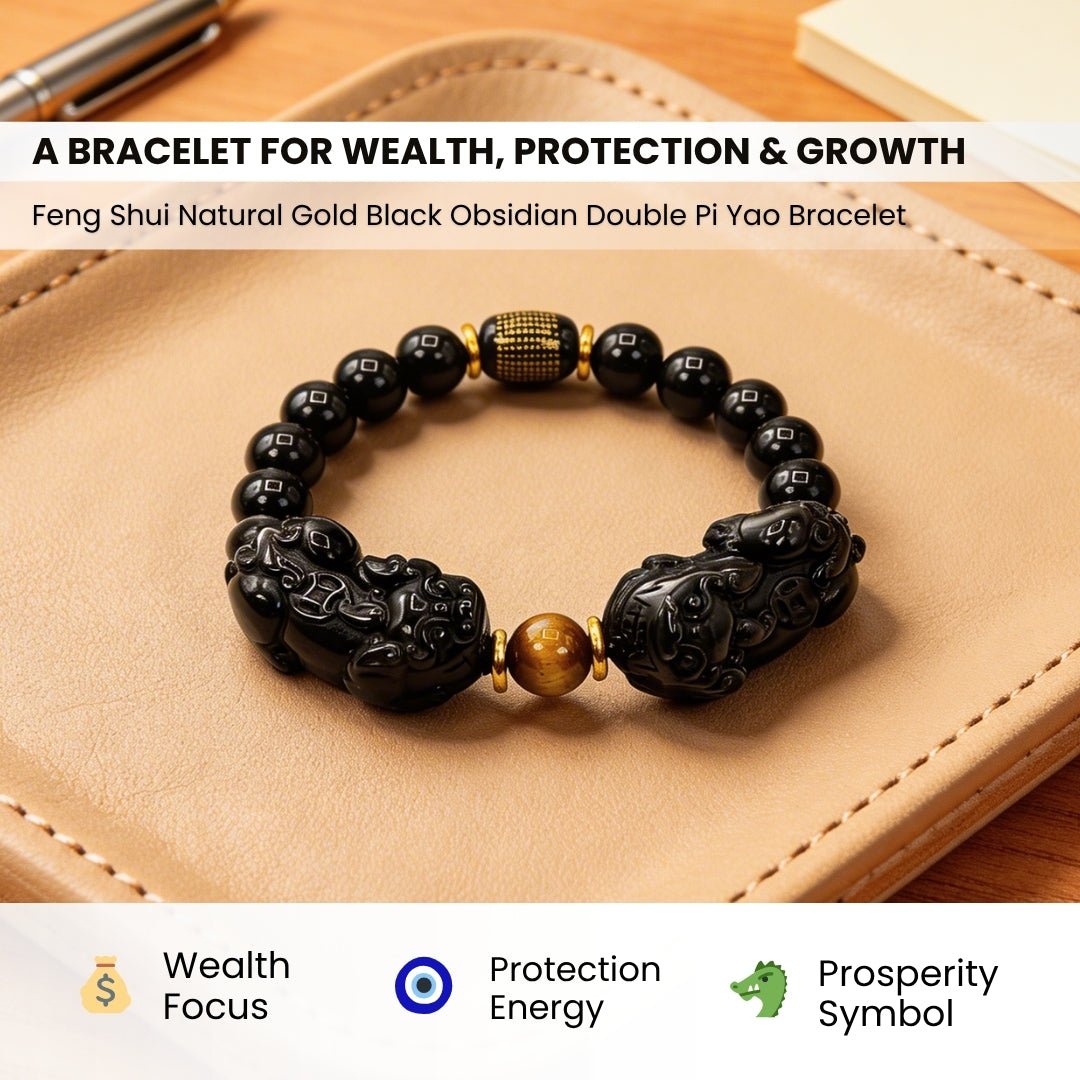 Feng Shui Natural Gold Black Obsidian Double Pi Yao Wealth Bracelet For Men & Women [10mm - Best Seller in USA] - plusvalueindia
