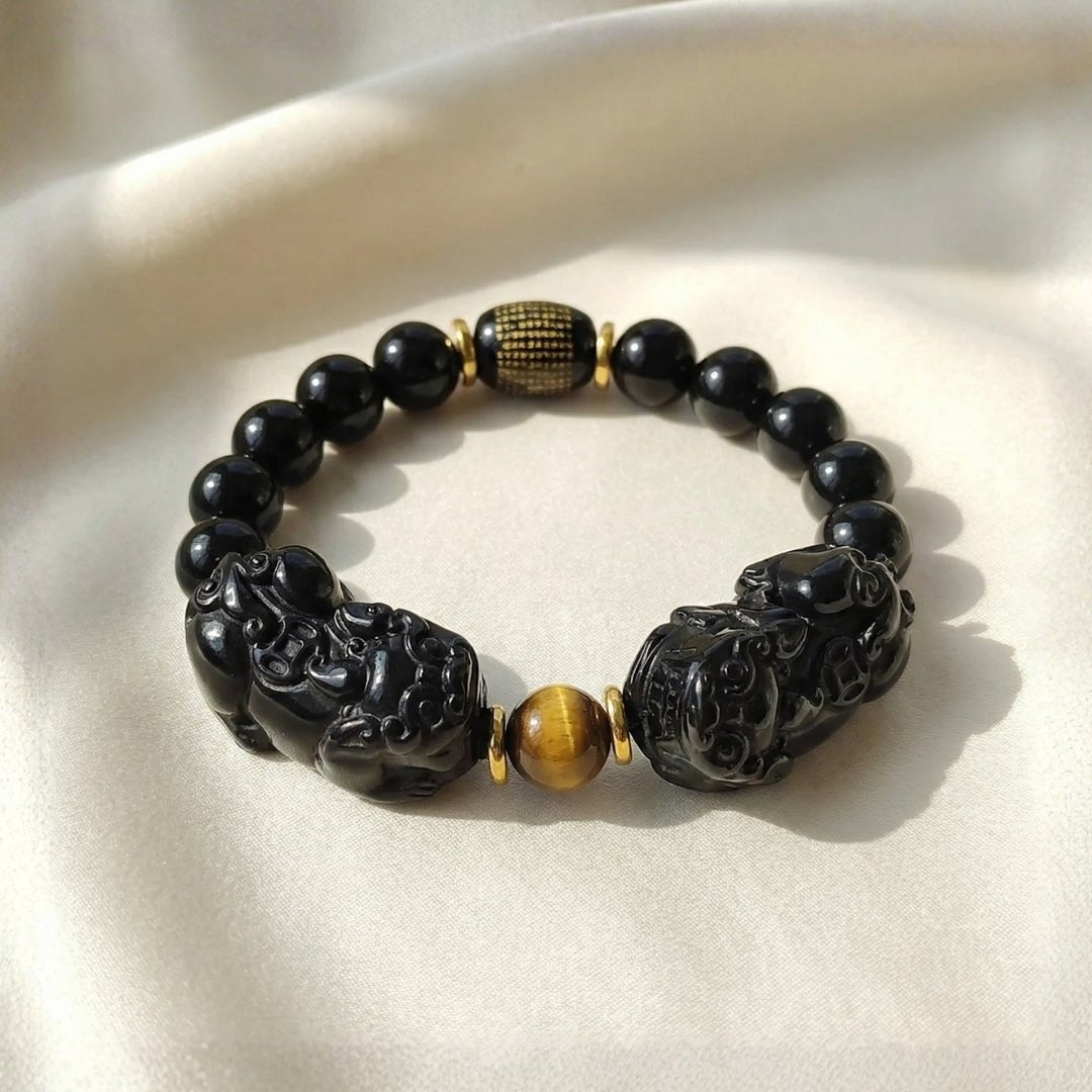 Feng Shui Natural Gold Black Obsidian Double Pi Yao Wealth Bracelet For Men & Women [10mm - Best Seller in USA] - plusvalueindia