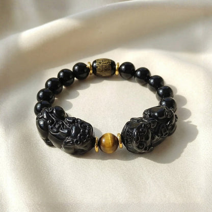 Feng Shui Natural Gold Black Obsidian Double Pi Yao Wealth Bracelet For Men & Women [10mm - Best Seller in USA] - plusvalueindia