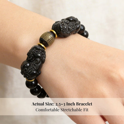 Feng Shui Natural Gold Black Obsidian Double Pi Yao Wealth Bracelet For Men & Women [10mm - Best Seller in USA] - plusvalueindia