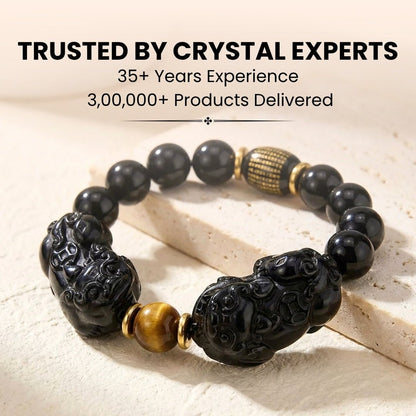 Feng Shui Natural Gold Black Obsidian Double Pi Yao Wealth Bracelet For Men & Women [10mm - Best Seller in USA] - plusvalueindia
