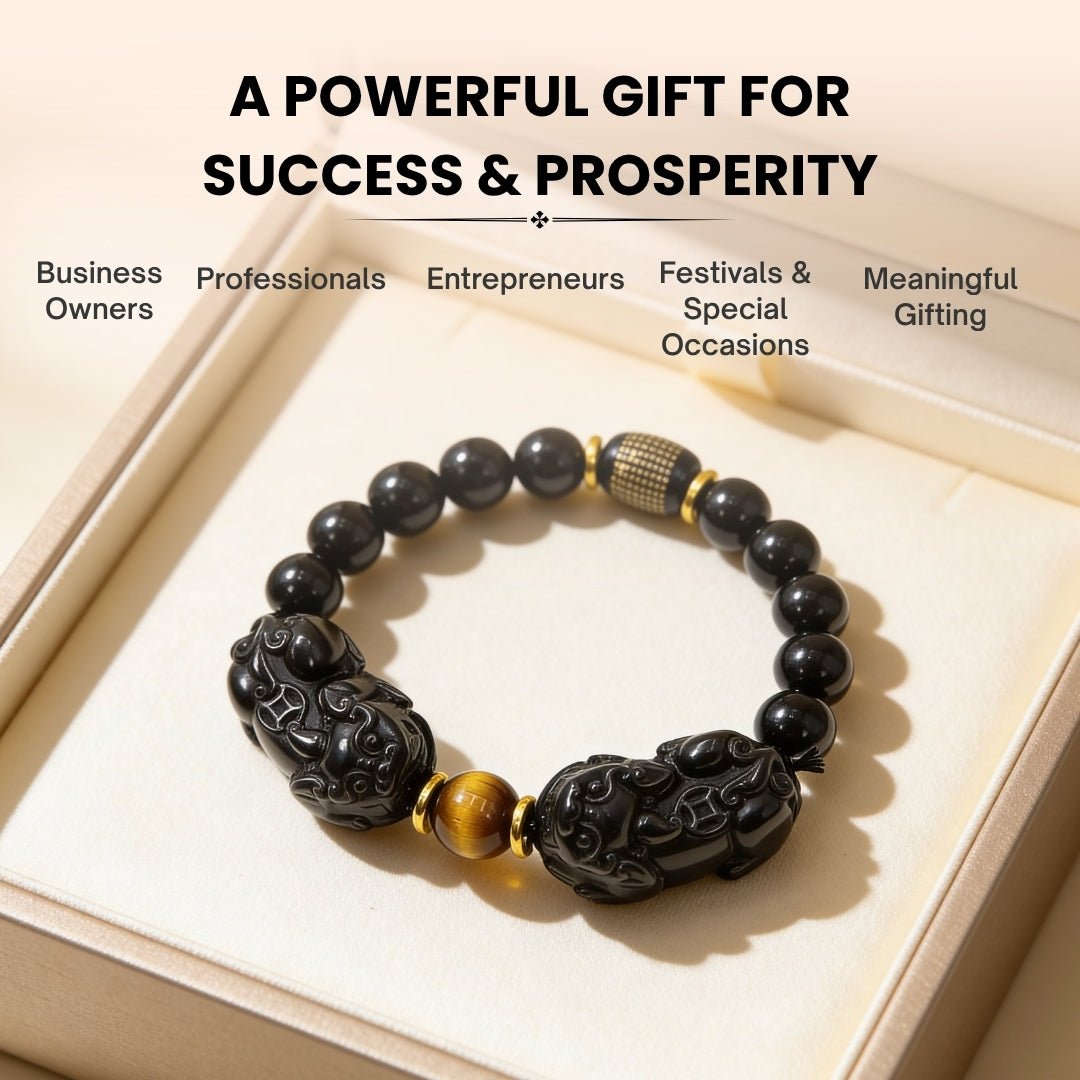Feng Shui Natural Gold Black Obsidian Double Pi Yao Wealth Bracelet For Men & Women [10mm - Best Seller in USA] - plusvalueindia