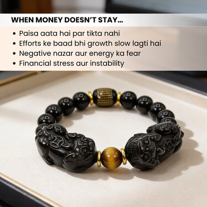 Feng Shui Natural Gold Black Obsidian Double Pi Yao Wealth Bracelet For Men & Women [10mm - Best Seller in USA] - plusvalueindia