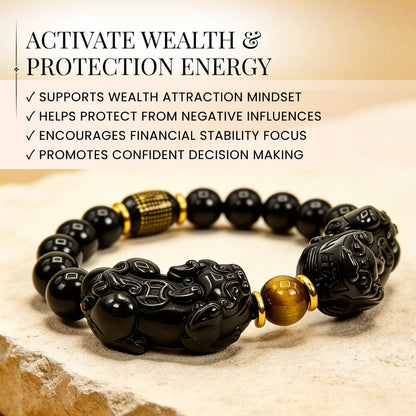 Feng Shui Natural Gold Black Obsidian Double Pi Yao Wealth Bracelet For Men & Women [10mm - Best Seller in USA] - plusvalueindia