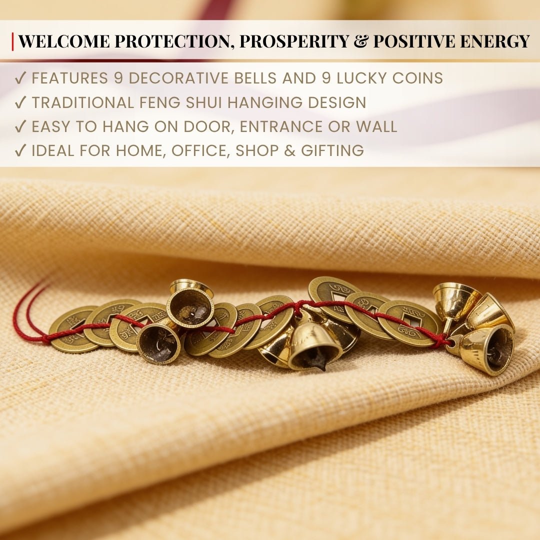 Feng Shui Vastu Bell 9 Bell 9 Lucky Coins - Home and Office Main Door Entrance Decor - plusvalueindia