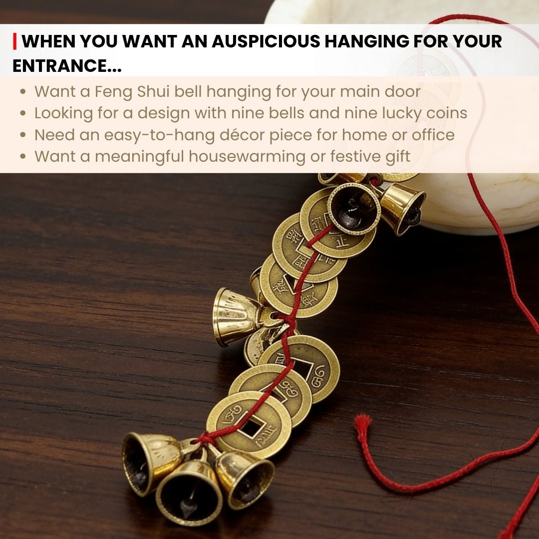 Feng Shui Vastu Bell 9 Bell 9 Lucky Coins - Home and Office Main Door Entrance Decor - plusvalueindia