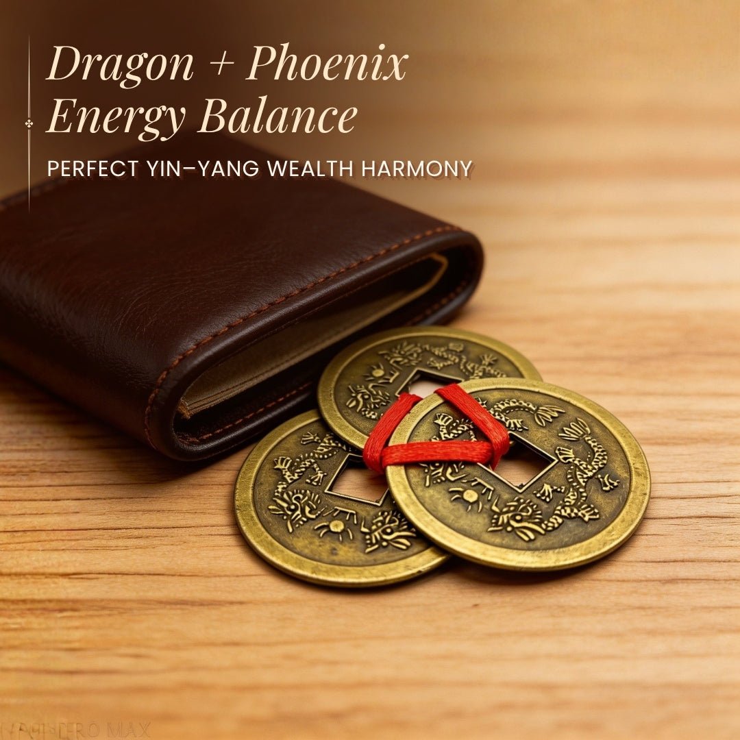Feng Shui Vastu Remedies Dragon Phoenix 3 Good Luck Coins Set Brass - Wealth, Prosperity, Money, Good Luck (Big Size) - plusvalueindia