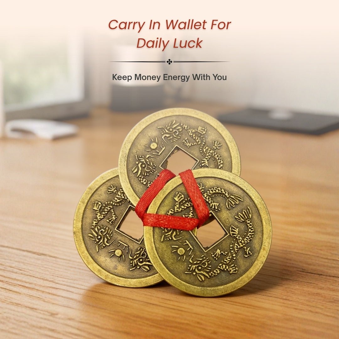 Feng Shui Vastu Remedies Dragon Phoenix 3 Good Luck Coins Set Brass - Wealth, Prosperity, Money, Good Luck (Big Size) - plusvalueindia