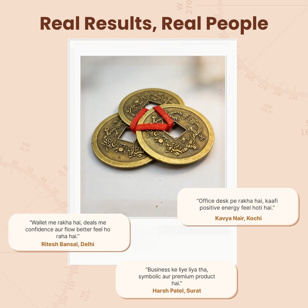 Feng Shui Vastu Remedies Dragon Phoenix 3 Good Luck Coins Set Brass - Wealth, Prosperity, Money, Good Luck (Big Size) - plusvalueindia