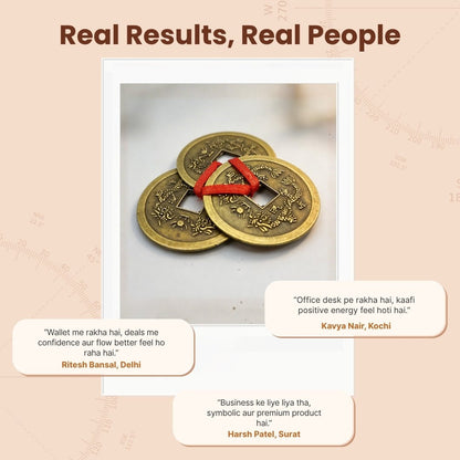 Feng Shui Vastu Remedies Dragon Phoenix 3 Good Luck Coins Set Brass - Wealth, Prosperity, Money, Good Luck (Big Size) - plusvalueindia