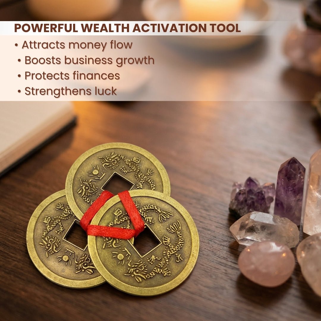 Feng Shui Vastu Remedies Dragon Phoenix 3 Good Luck Coins Set Brass - Wealth, Prosperity, Money, Good Luck (Big Size) - plusvalueindia