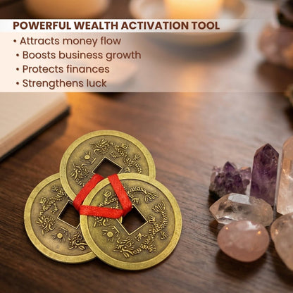 Feng Shui Vastu Remedies Dragon Phoenix 3 Good Luck Coins Set Brass - Wealth, Prosperity, Money, Good Luck (Big Size) - plusvalueindia