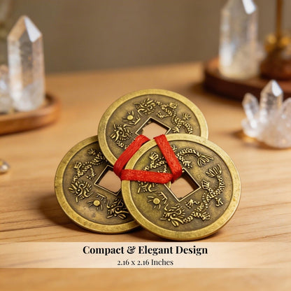 Feng Shui Vastu Remedies Dragon Phoenix 3 Good Luck Coins Set Brass - Wealth, Prosperity, Money, Good Luck (Big Size) - plusvalueindia