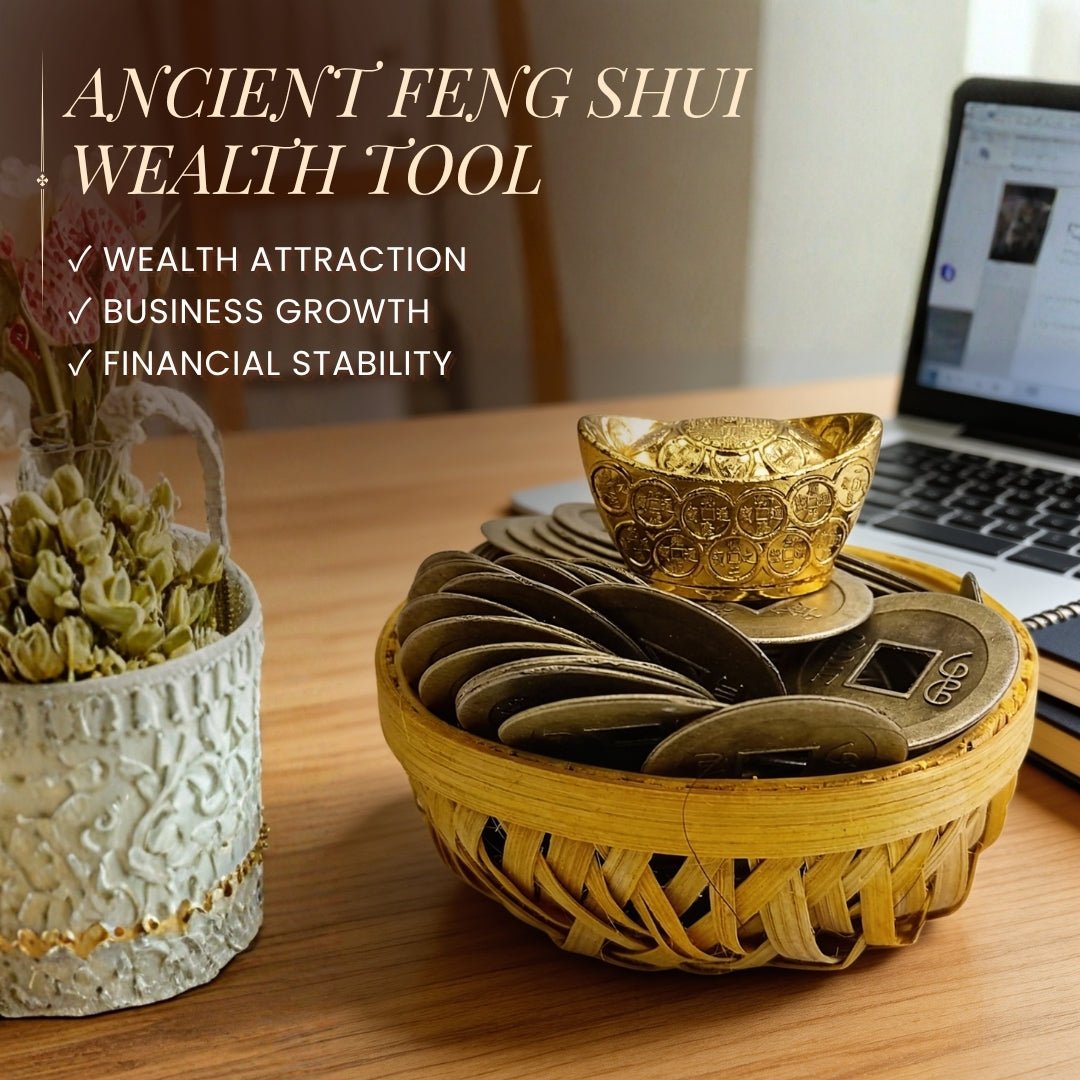 Feng Shui Wealth Basket with Lucky Brass Coin & Ingot - plusvalueindia