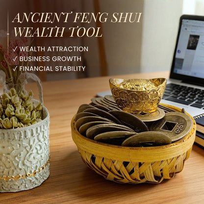 Feng Shui Wealth Basket with Lucky Brass Coin & Ingot - plusvalueindia
