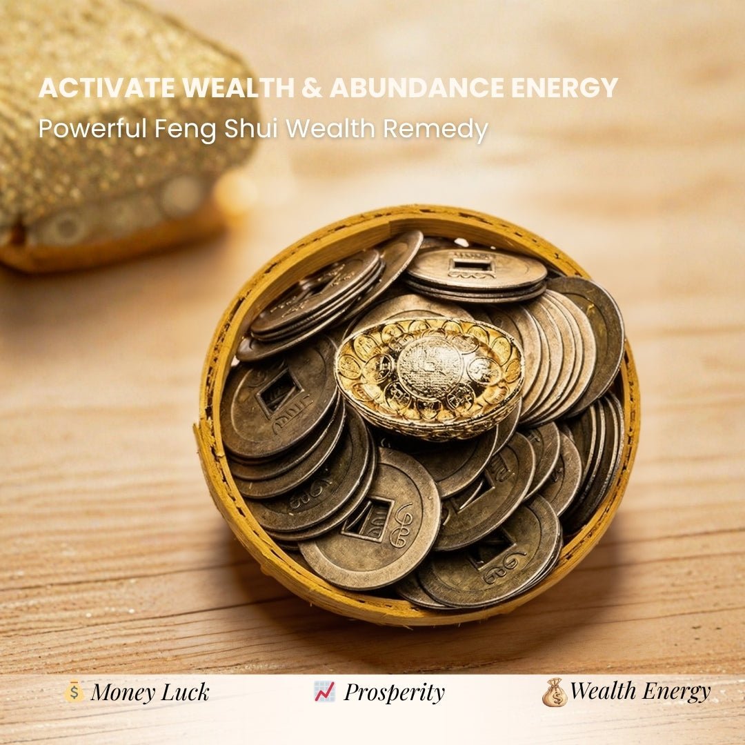 Feng Shui Wealth Basket with Lucky Brass Coin & Ingot - plusvalueindia