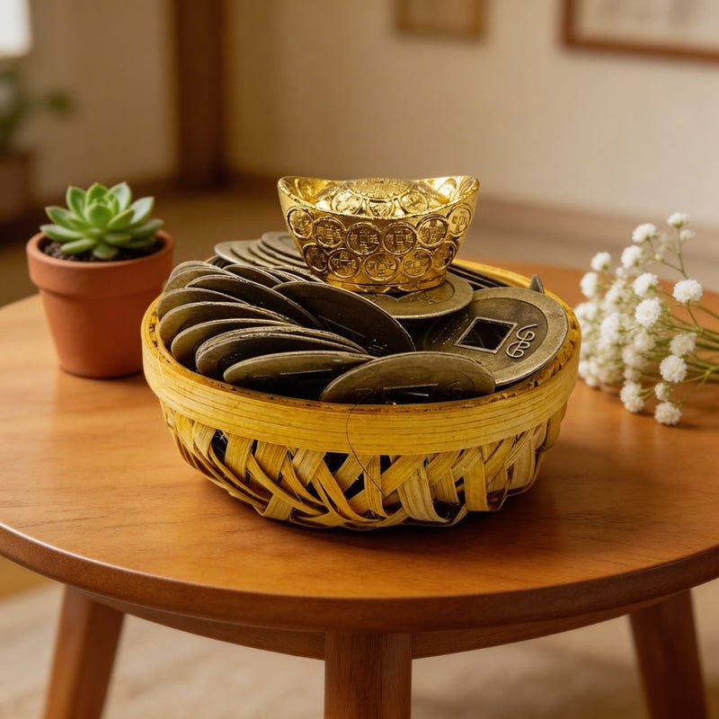 Feng Shui Wealth Basket with Lucky Brass Coin & Ingot - plusvalueindia