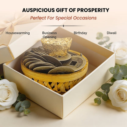 Feng Shui Wealth Basket with Lucky Brass Coin & Ingot - plusvalueindia