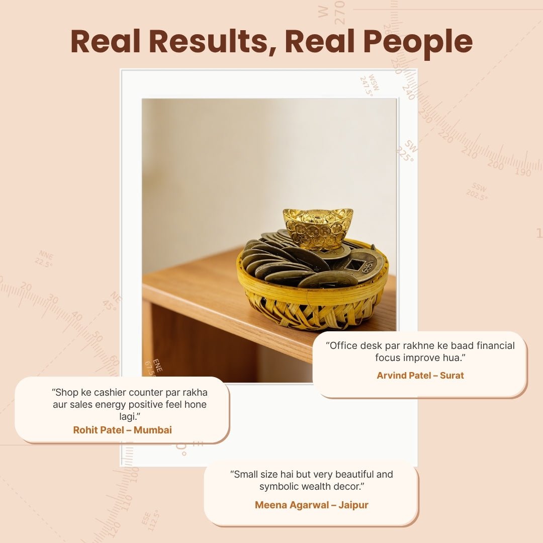 Feng Shui Wealth Basket with Lucky Brass Coin & Ingot - plusvalueindia