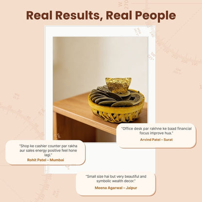 Feng Shui Wealth Basket with Lucky Brass Coin & Ingot - plusvalueindia