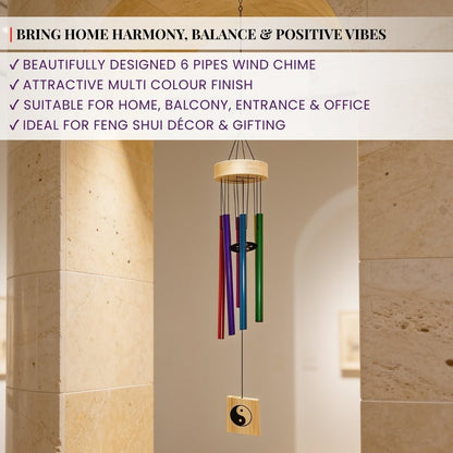 Feng Shui Metal Wind Chime, 6 Rods/Pipes, 29.5 inch (74cm), Multi Colour - plusvalueindia