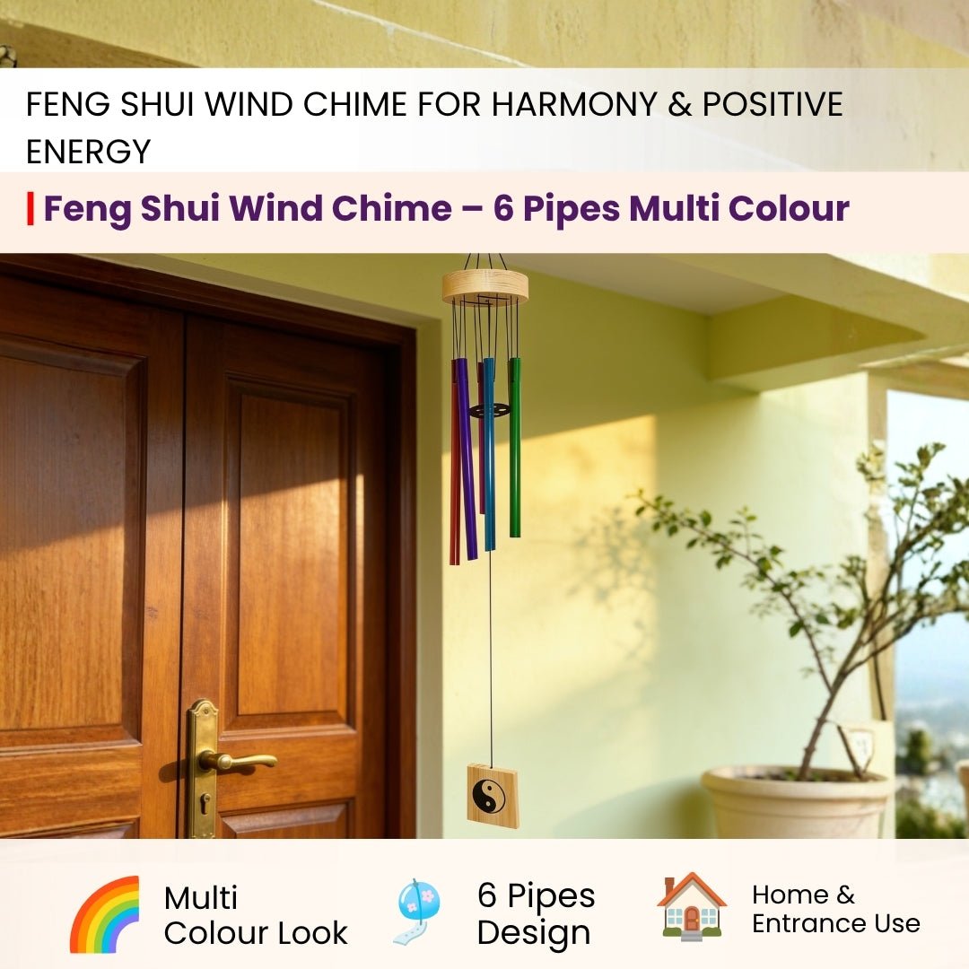 Feng Shui Metal Wind Chime, 6 Rods/Pipes, 29.5 inch (74cm), Multi Colour - plusvalueindia