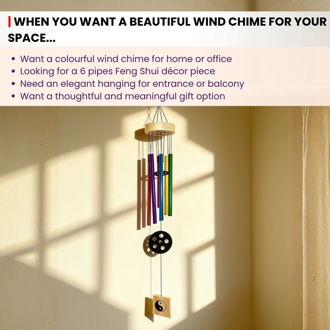 Feng Shui Metal Wind Chime, 6 Rods/Pipes, 29.5 inch (74cm), Multi Colour - plusvalueindia