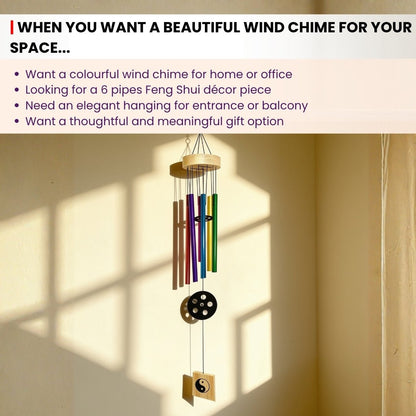 Feng Shui Metal Wind Chime, 6 Rods/Pipes, 29.5 inch (74cm), Multi Colour - plusvalueindia