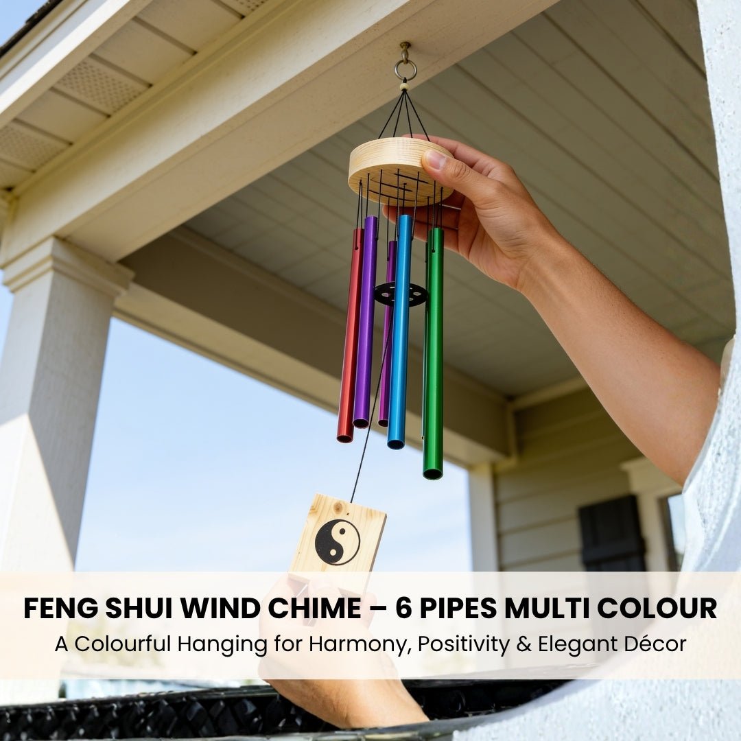 Feng Shui Metal Wind Chime, 6 Rods/Pipes, 29.5 inch (74cm), Multi Colour - plusvalueindia