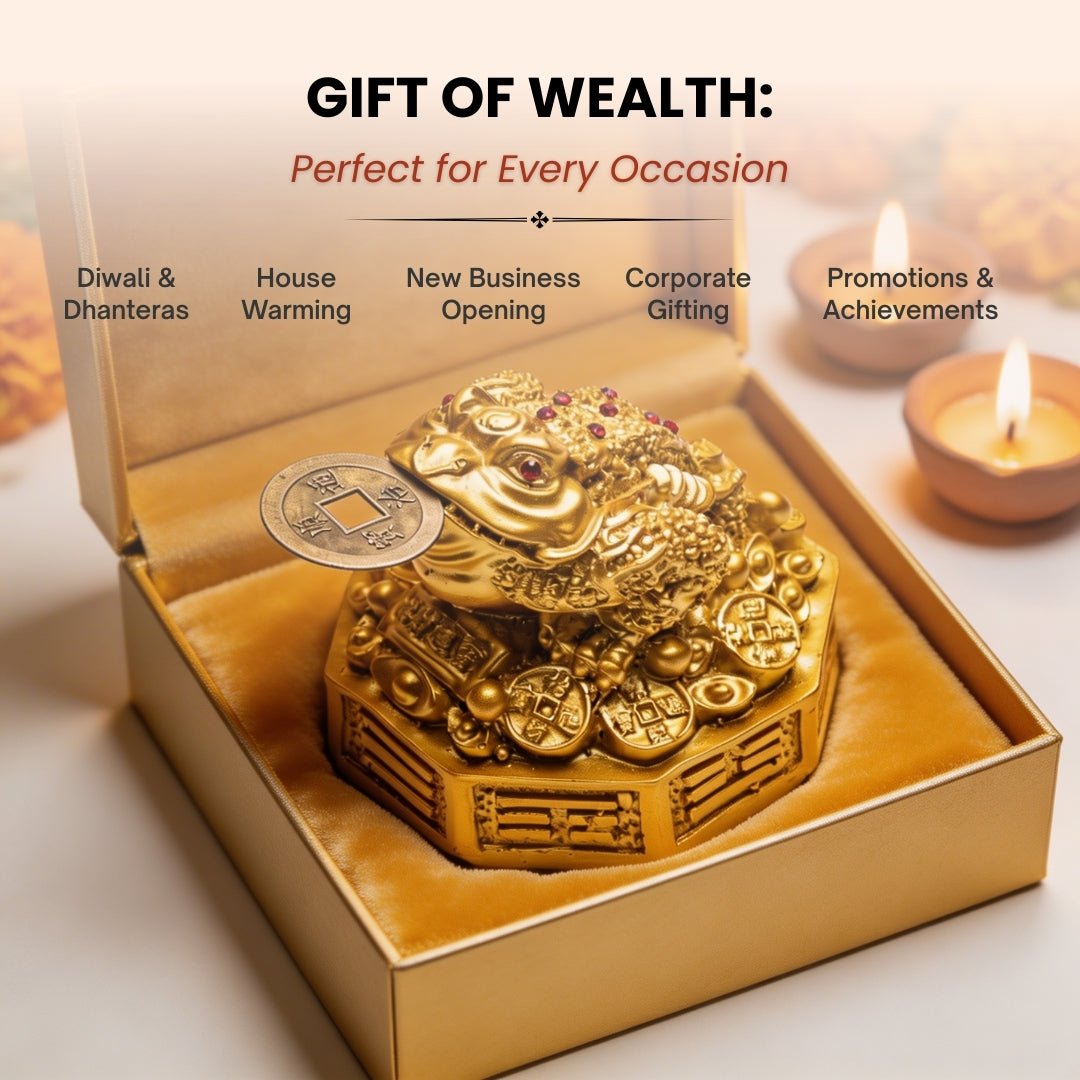 Fengshui Lucky Three Legged Feng Shui Money Frog Toad Good Luck, Wealth, Prosperity, Success, Happiness (Golden Colour) - plusvalueindia
