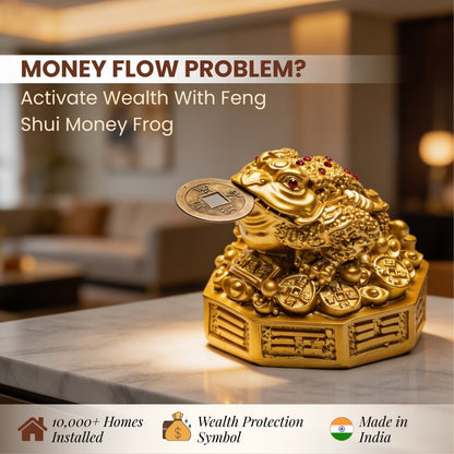 Fengshui Lucky Three Legged Feng Shui Money Frog Toad Good Luck, Wealth, Prosperity, Success, Happiness (Golden Colour) - plusvalueindia