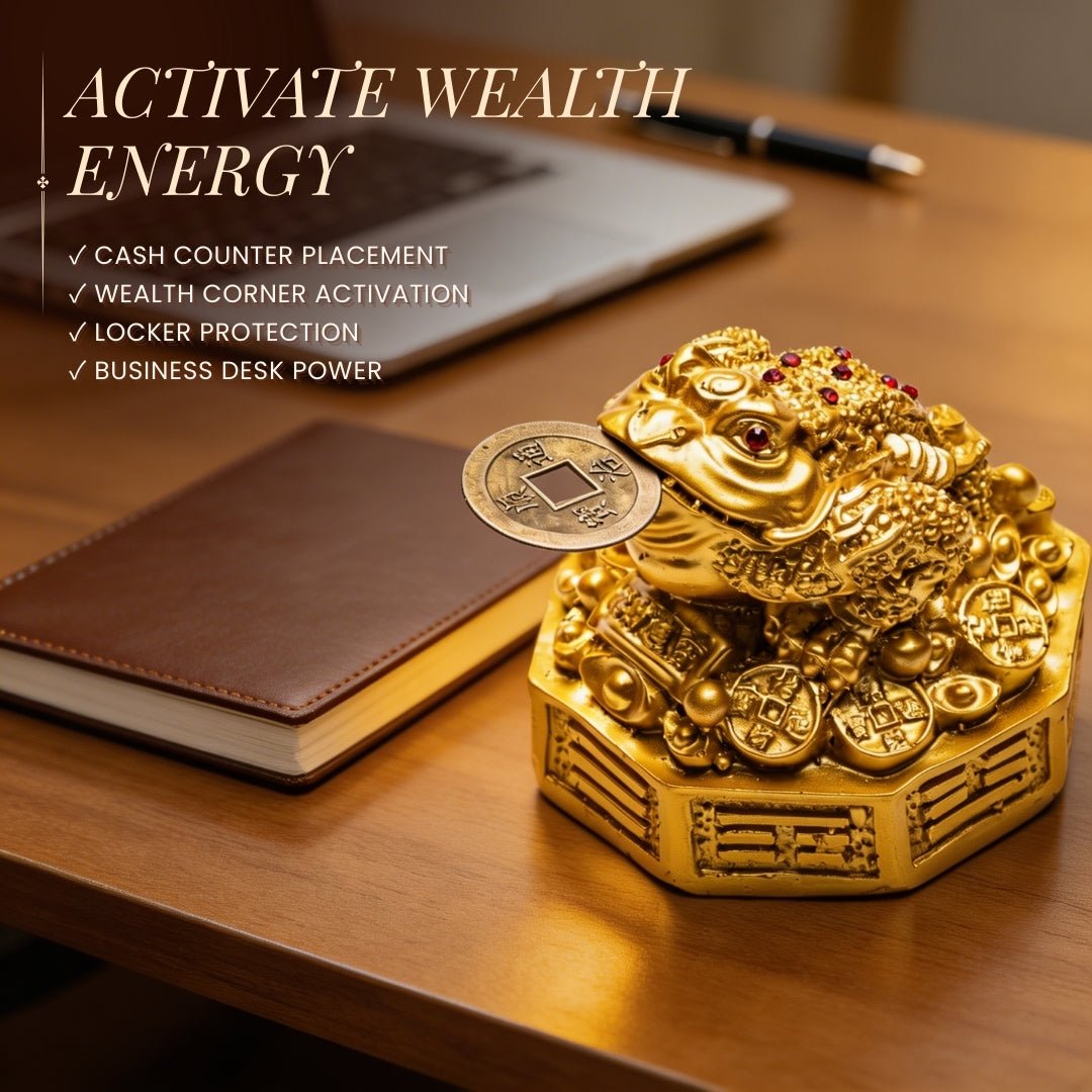 Fengshui Lucky Three Legged Feng Shui Money Frog Toad Good Luck, Wealth, Prosperity, Success, Happiness (Golden Colour) - plusvalueindia