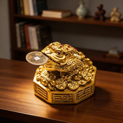 Fengshui Lucky Three Legged Feng Shui Money Frog Toad Good Luck, Wealth, Prosperity, Success, Happiness (Golden Colour) - plusvalueindia