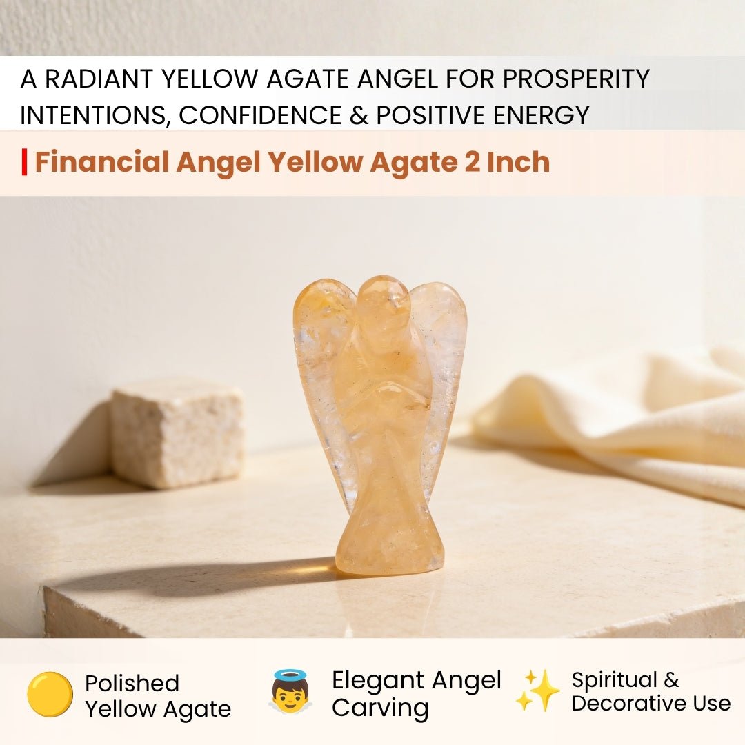 Detailed hand-carved wings and polished contours of Yellow Agate angel