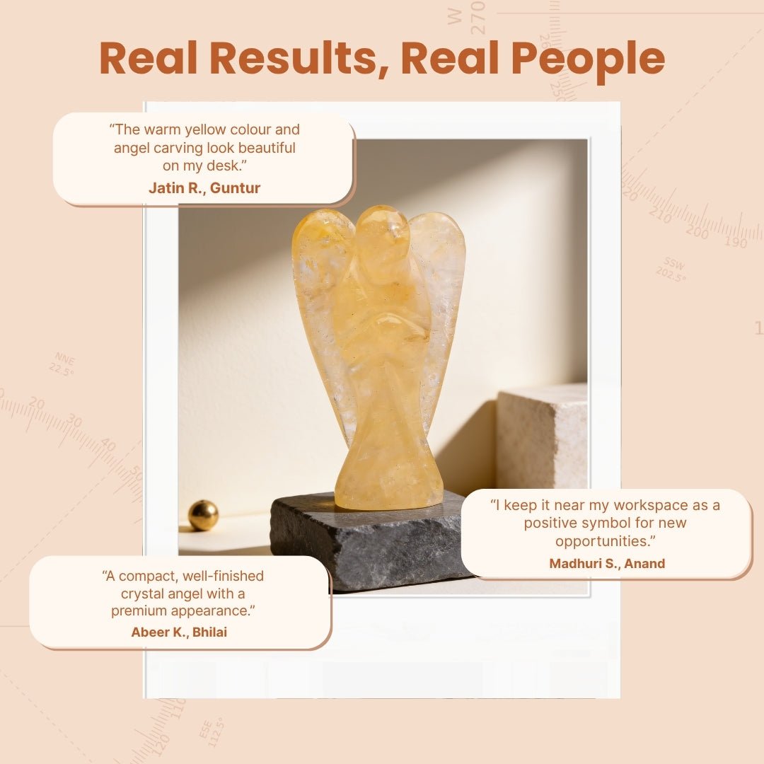 Yellow Agate financial angel displayed with padded gift box and protective pouch