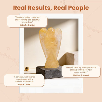 Yellow Agate financial angel displayed with padded gift box and protective pouch