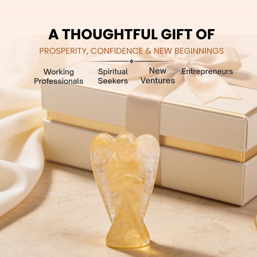 Yellow Agate wealth angel placed near an office ledger, cash box, or work desk