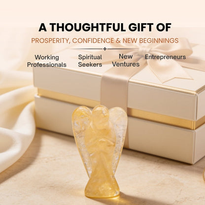 Yellow Agate wealth angel placed near an office ledger, cash box, or work desk