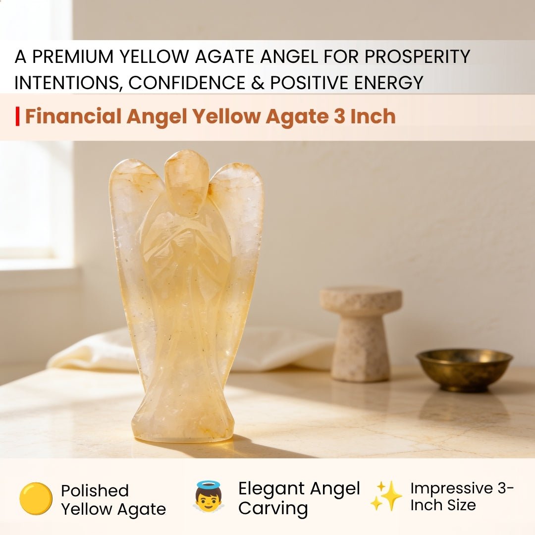 Hand-carved wing feather detailing and smooth polished curves of 3 inch Yellow Agate angel