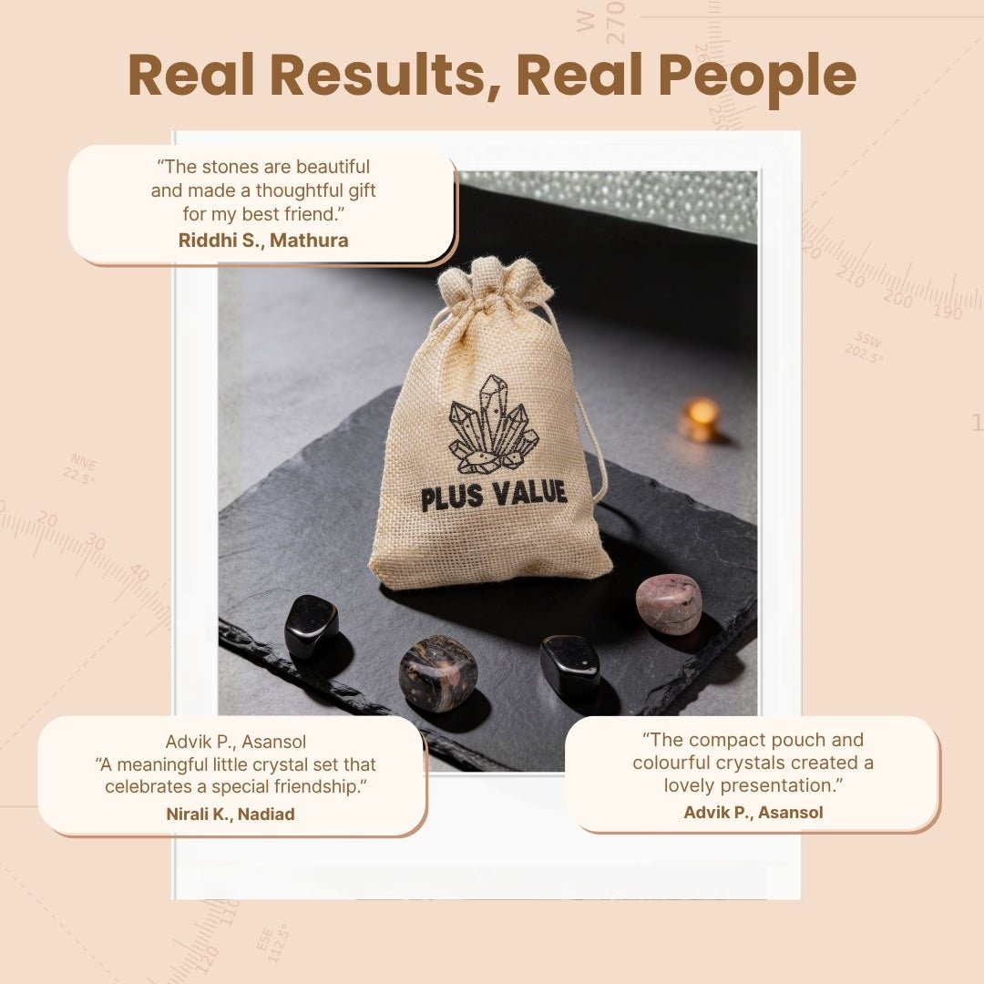 Fabric drawstring gift pouch with friendship healing stones packaged ready for best friend gifting