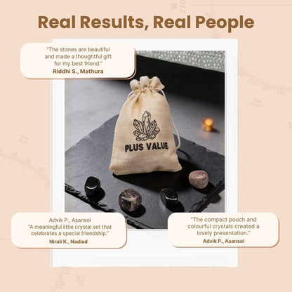 Fabric drawstring gift pouch with friendship healing stones packaged ready for best friend gifting