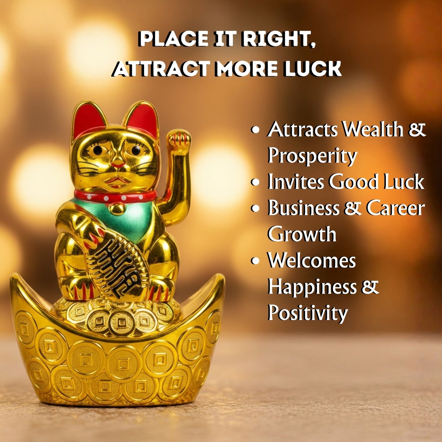 Golden Feng Shui Lucky Cat Maneki Neko Showpiece for Wealth & Good Luck Cute Vastu Waving Welcome Cat Idol for Positive Home Decor, Office Desk & Shop Cash Counter Gift