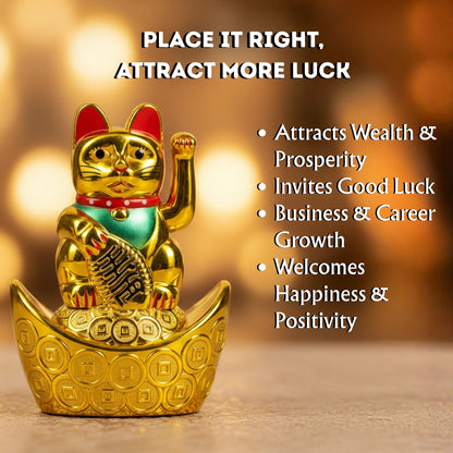 Golden Feng Shui Lucky Cat Maneki Neko Showpiece for Wealth & Good Luck Cute Vastu Waving Welcome Cat Idol for Positive Home Decor, Office Desk & Shop Cash Counter Gift