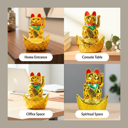 Golden Feng Shui Lucky Cat Maneki Neko Showpiece for Wealth & Good Luck Cute Vastu Waving Welcome Cat Idol for Positive Home Decor, Office Desk & Shop Cash Counter Gift